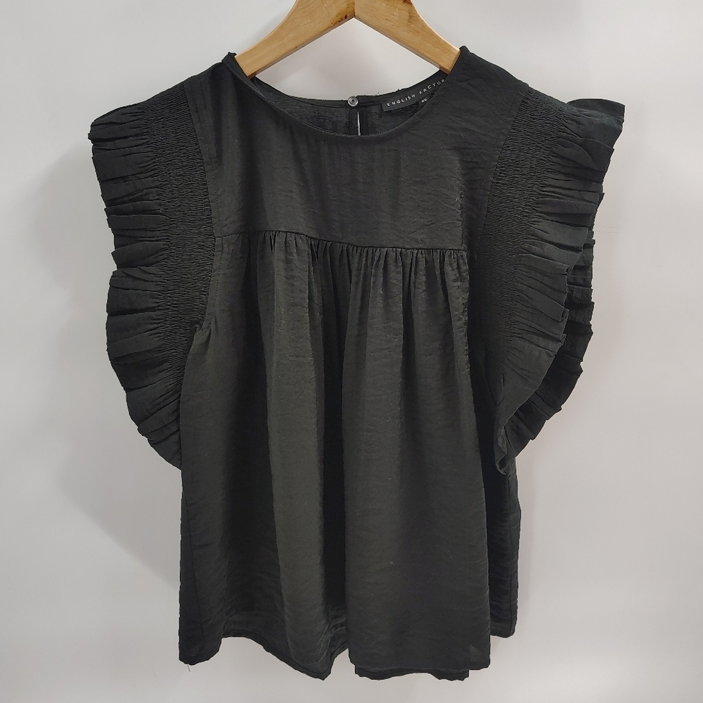 English Factory Size XS Black Short Sleeve‎s Top Texture Fabric